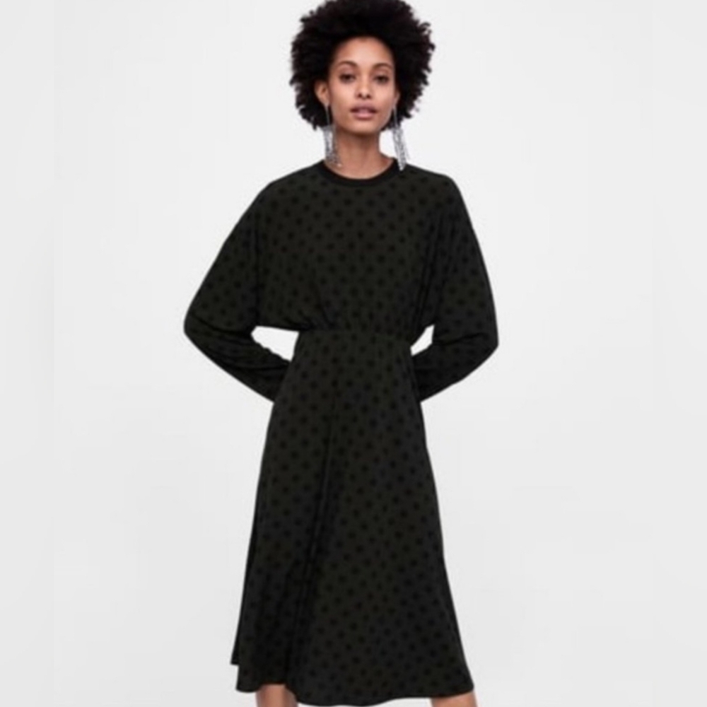 Zara Black Polka Dot Long Sleeve Midi Dress